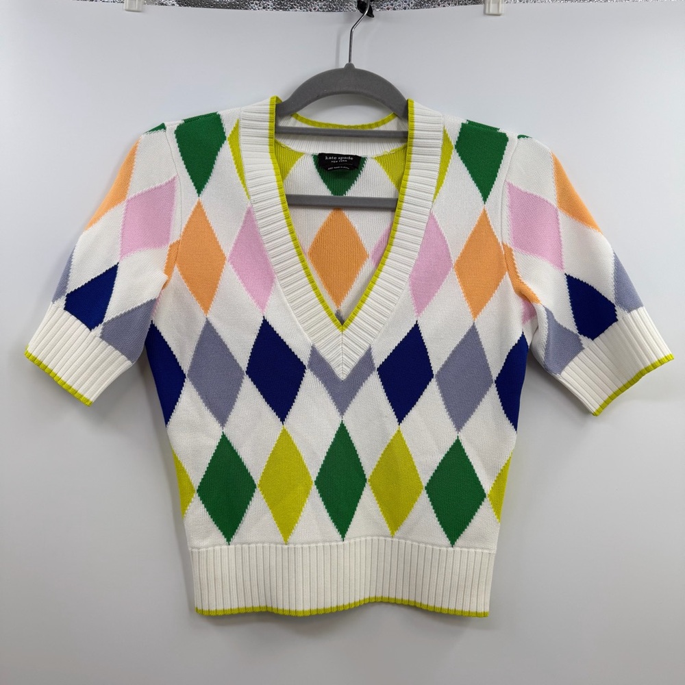 Kate Spade Spring Argyle Sweater XXS Colorful V Neck Short Sleeve Preppy